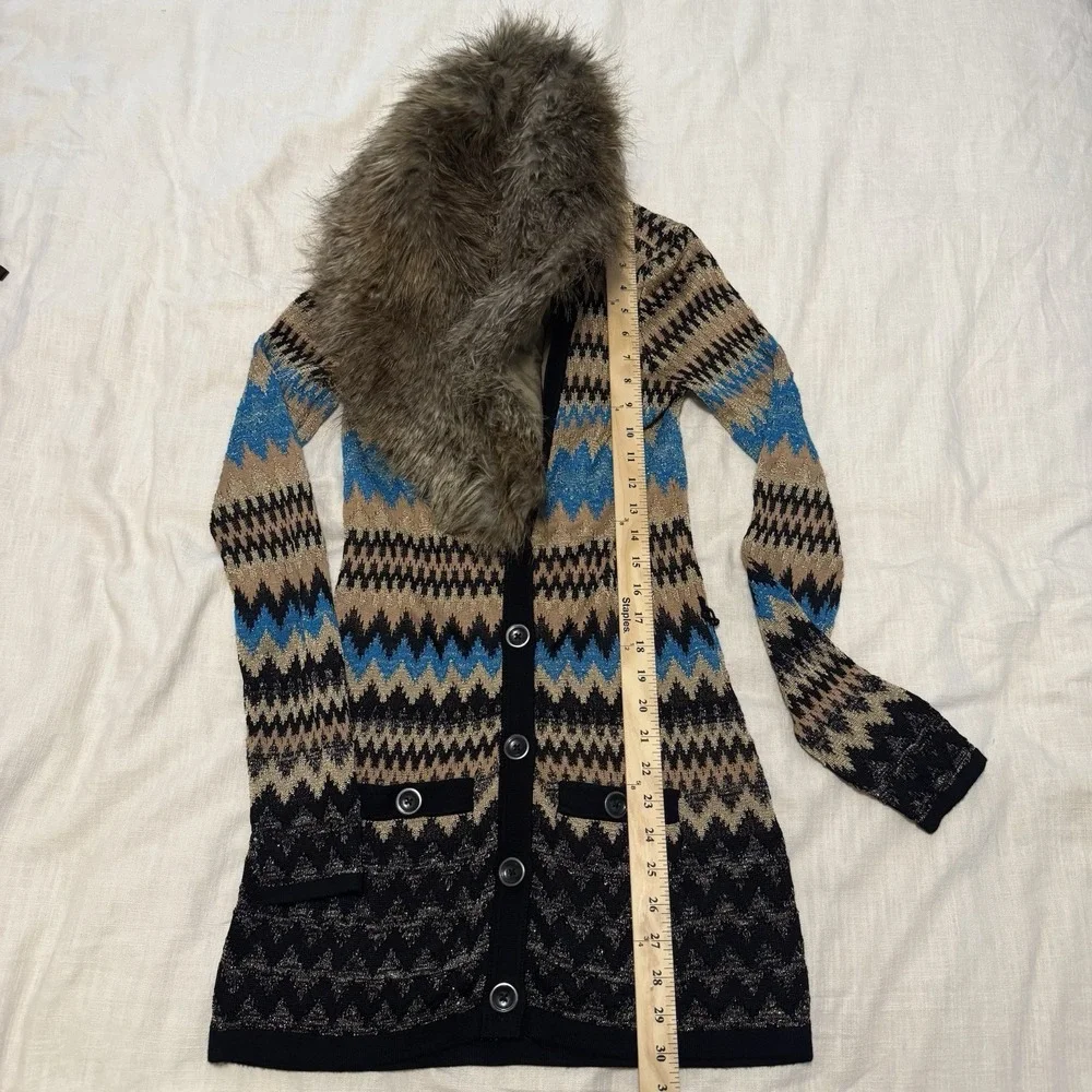 Cache VTG Womens Faux Fur Collar Chevron Cardigan XS Multicolor Glitter Y2K Glam